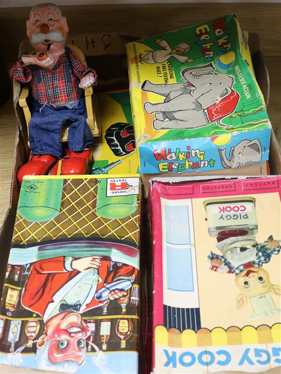 1960s battery operated toys:-Roaring Gorilla Walking Elephant Piggy Cook Bar Tender & Pipe Smoking Grandfather (5)